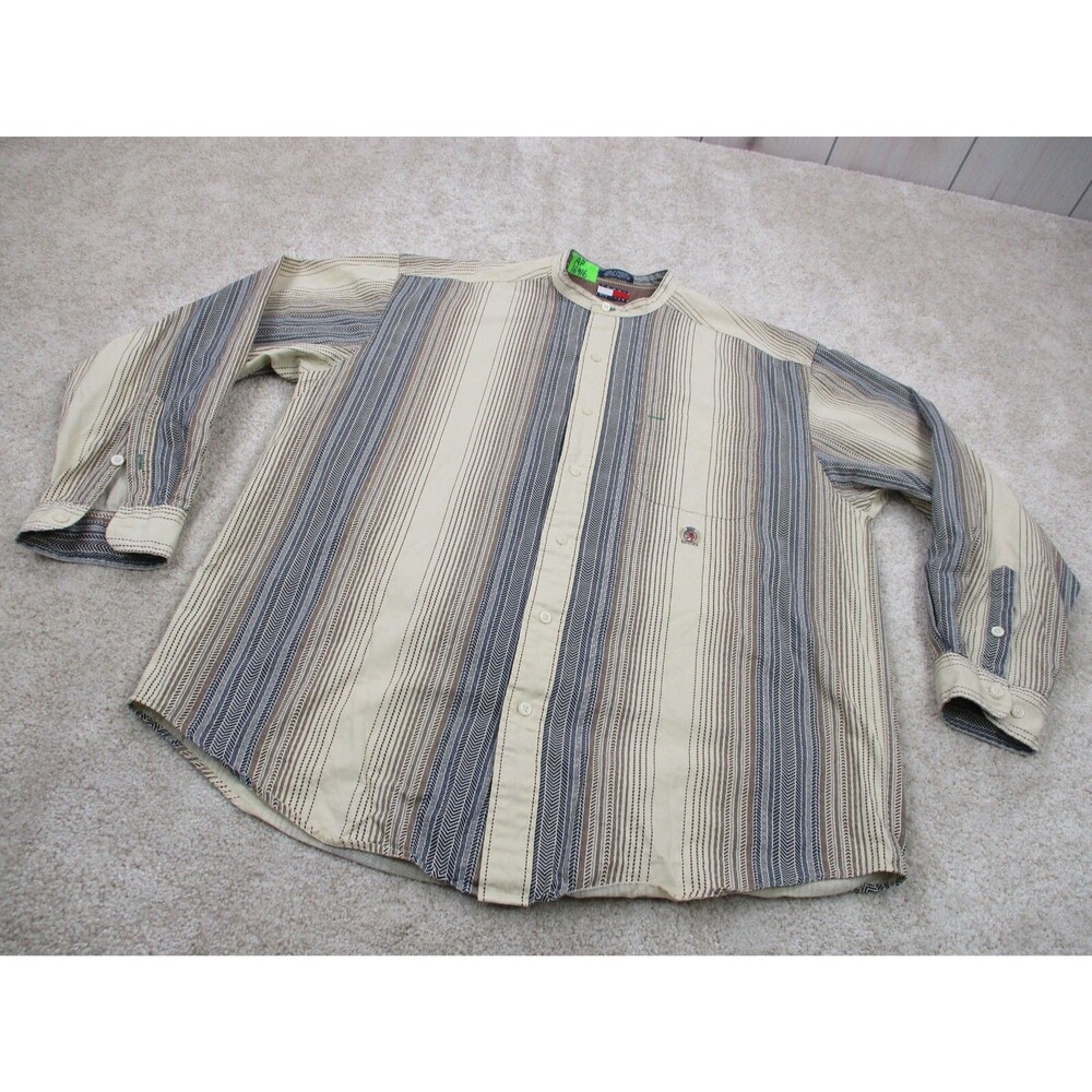 VINTAGE Tommy Hilfiger Shirt Men Medium Beige Herringbone Crest Button Up 90s - Picture 2 of 12